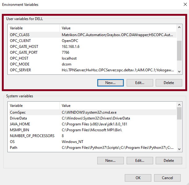 Required environmental variables for OpenOPC on Windows