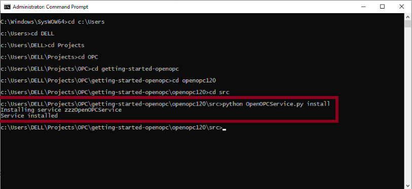 Command to install the OpenOPC Gateway Service on Windows