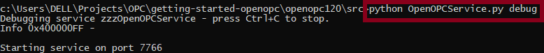 Command to start the OpenOPC Gateway Service in debug mode on Windows