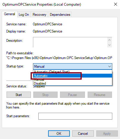 Startup type for OpenOPC Gateway Service on Windows